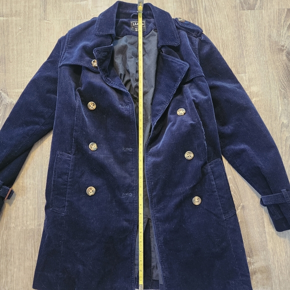 Women's Double Breasted Navy Blue Corduroy Belted Trenchcoat Size Medium - Picture 13 of 14